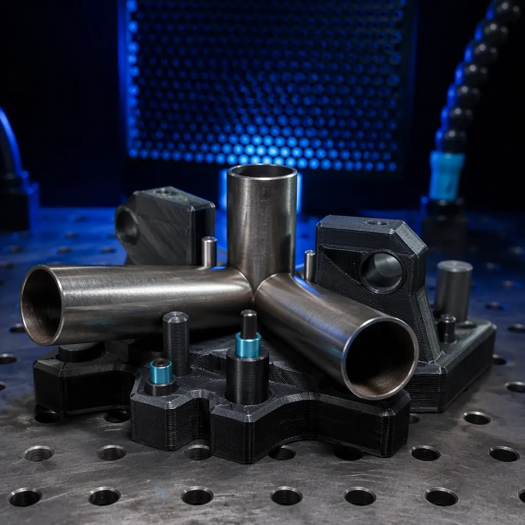 Macro close-up of a 3D printed PA-CF weld locating fixture holding steel tube sections in position on a welding bench, spatter shield in background, photorealistic, no people, no text, no logos