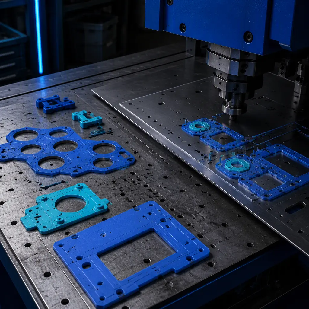 3D printed drill and cut templates lying on a sheet metal workbench next to a punch press, printed templates in place on the metal, photorealistic, no people, no text, no logos