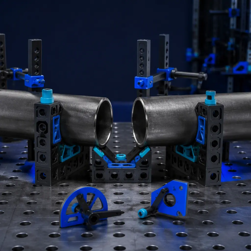 3D printed pipe fit-up blocks and bevel gauges in use on a pipe welding bench, printed blocks positioning steel pipe sections, photorealistic, no people, no text, no logos
