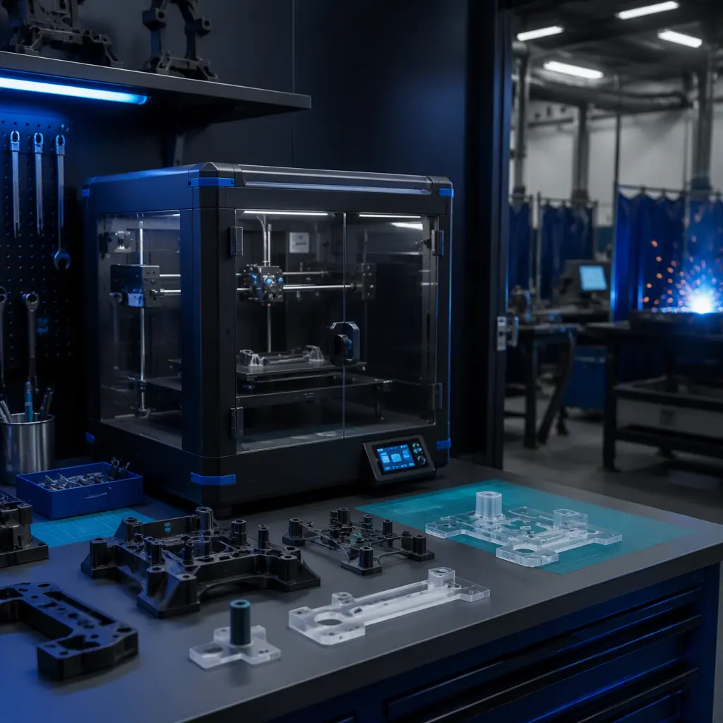 Enclosed 3D printer running in a fabrication shop office corner, printed PA-CF jigs and PETG templates on the workbench, welding bays visible in background, photorealistic, no people, no text, no logos