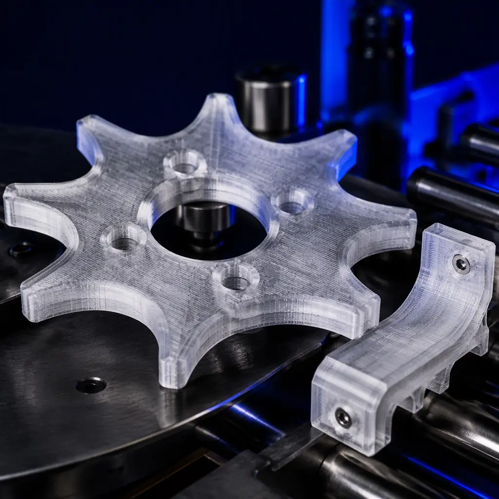 Macro close-up of a 3D printed star wheel change part for a PETG bottle-filling bottling line, layered deposit of a bottle guide and timing wheel on a dark industrial surface, electric blue rim light, precision engineering aesthetic