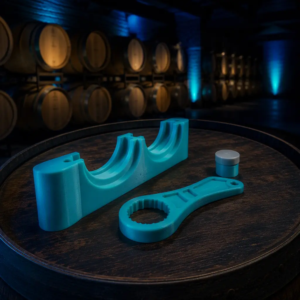 3D printed barrel racking cradle and bung spanner tool set on a dark oak wine-barrel lid, wine cellar environment with softly lit barrel rows in background, deep navy ambient with teal accent lighting