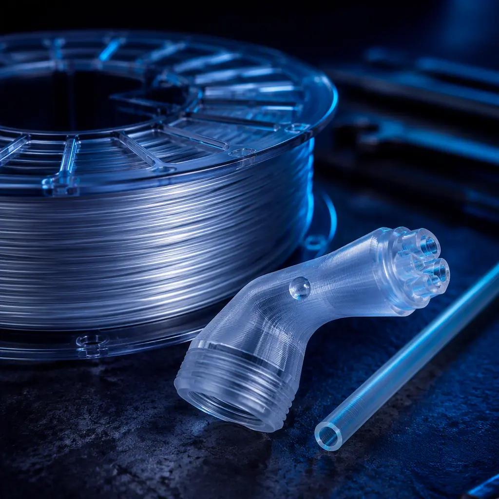 Macro of translucent food-grade PETG filament spool with a 3D printed bottle rinser nozzle and dip tube next to it, dark industrial workbench, wet bead of water on the surface, deep navy with electric blue and teal lighting, no text