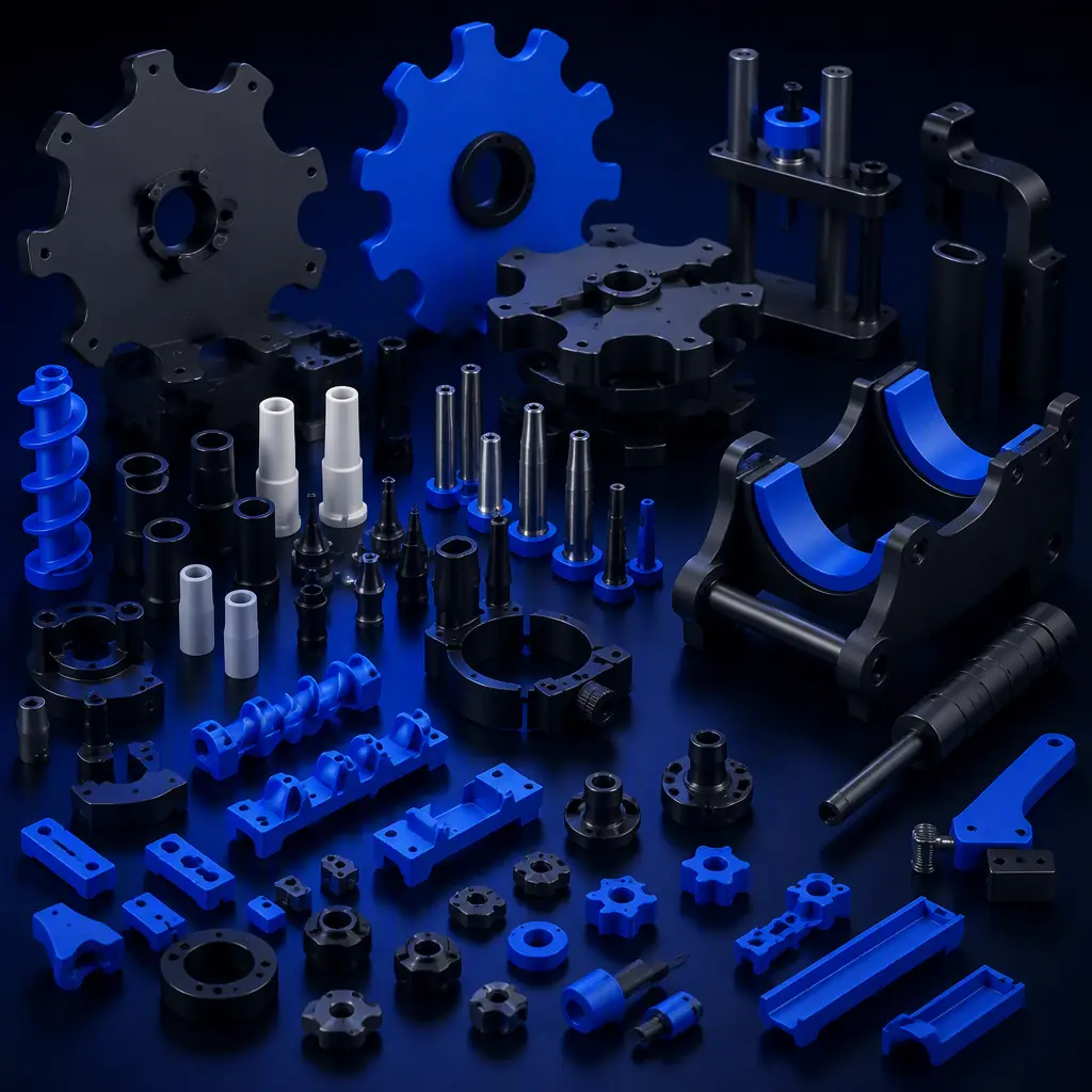 Array of 3D printed bottling-line change parts and wine-cellar tooling laid out on a dark technical workbench: star wheels, nozzle inserts, cork spindle guides, racking cradle, casting a clean precision-engineering silhouette, deep navy background with electric blue accent lighting, no text