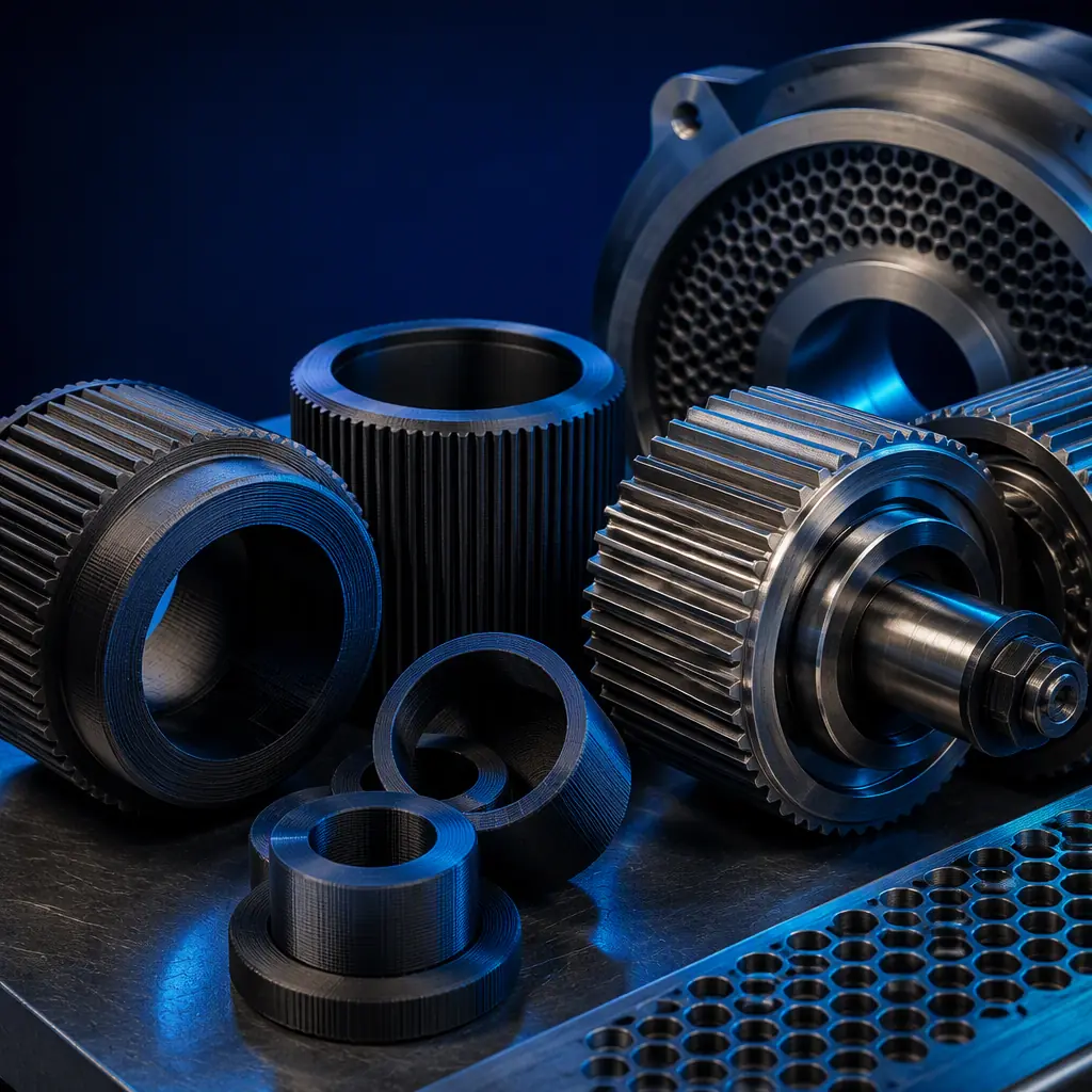 Macro close-up of 3D printed pellet mill wear components, roller shells and die spacers, next to a pellet mill roller assembly on a maintenance bench, photorealistic, no people, no text, no logos