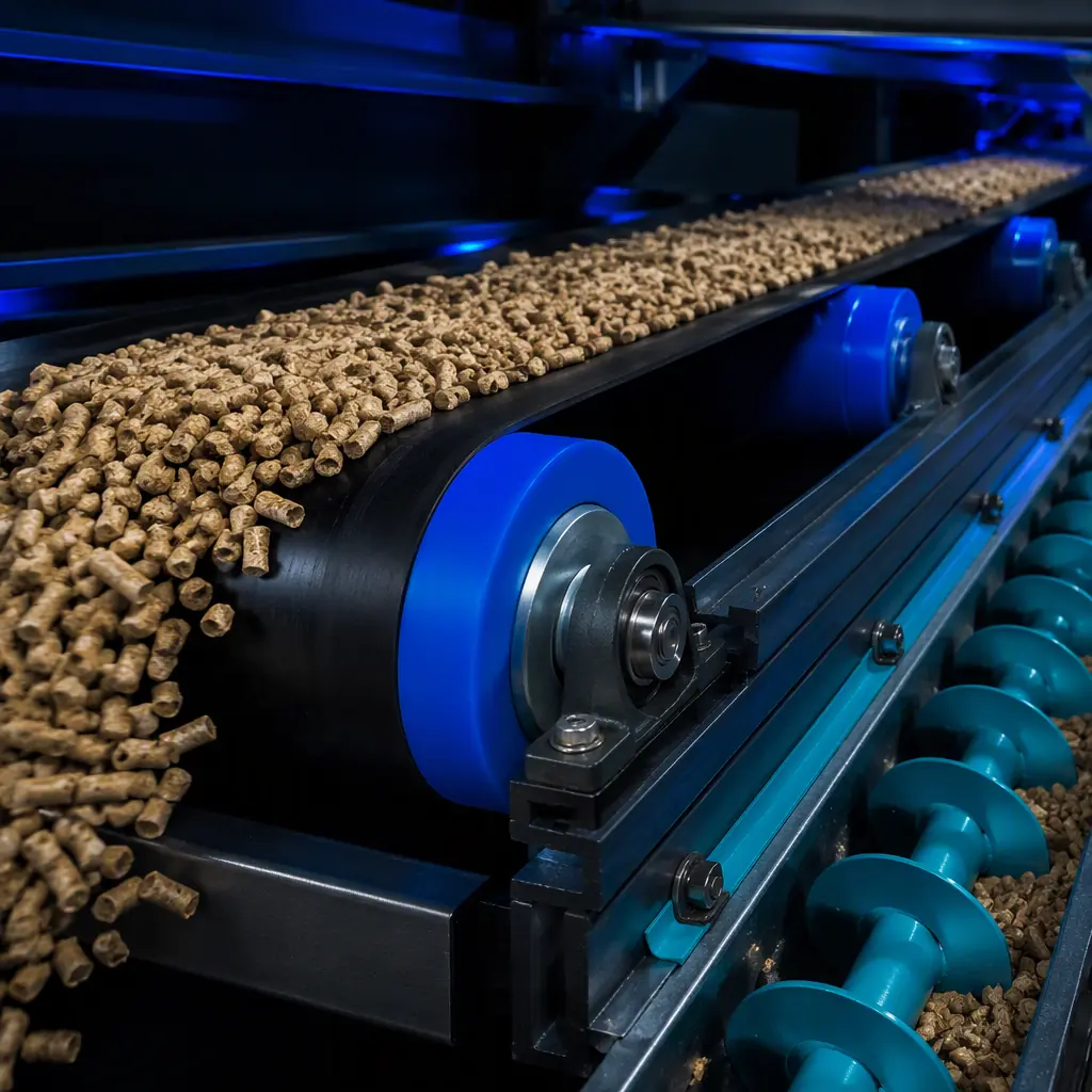3D printed conveyor roller covers and auger wear strips on a pellet conveyor line, wood pellets moving on belt, photorealistic, no people, no text, no logos