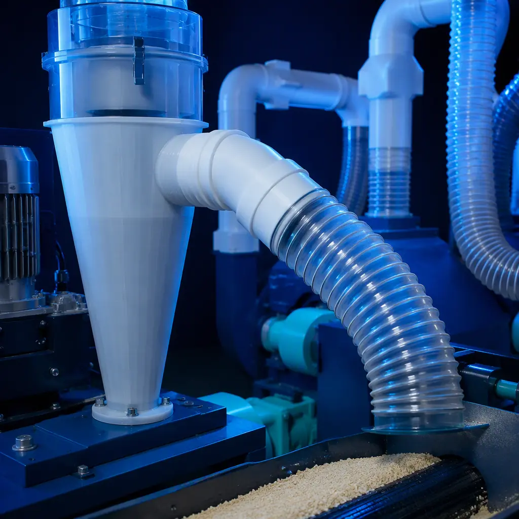 3D printed dust collection duct fittings and cyclone adapters in a wood pellet mill, sawdust extraction piping visible, photorealistic, no people, no text, no logos
