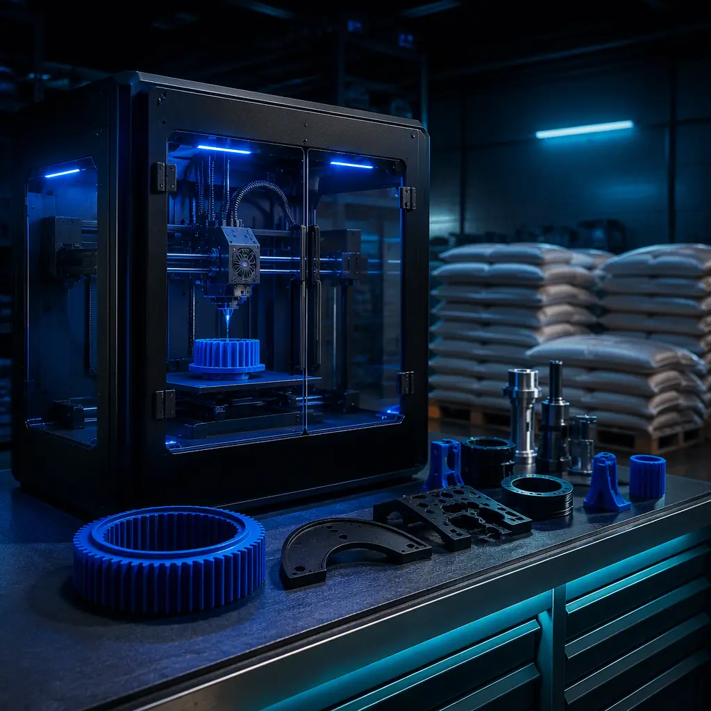 Enclosed 3D printer running in a pellet mill maintenance shop, printed wear components and safety guards on the workbench, pellet bags stacked in background, photorealistic, no people, no text, no logos