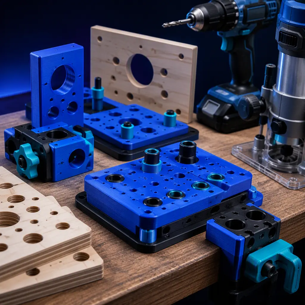3D printed drilling templates and jigs on a woodworking bench beside a cordless drill and router, plywood offcuts with precise holes, printed layer lines visible, studio lighting