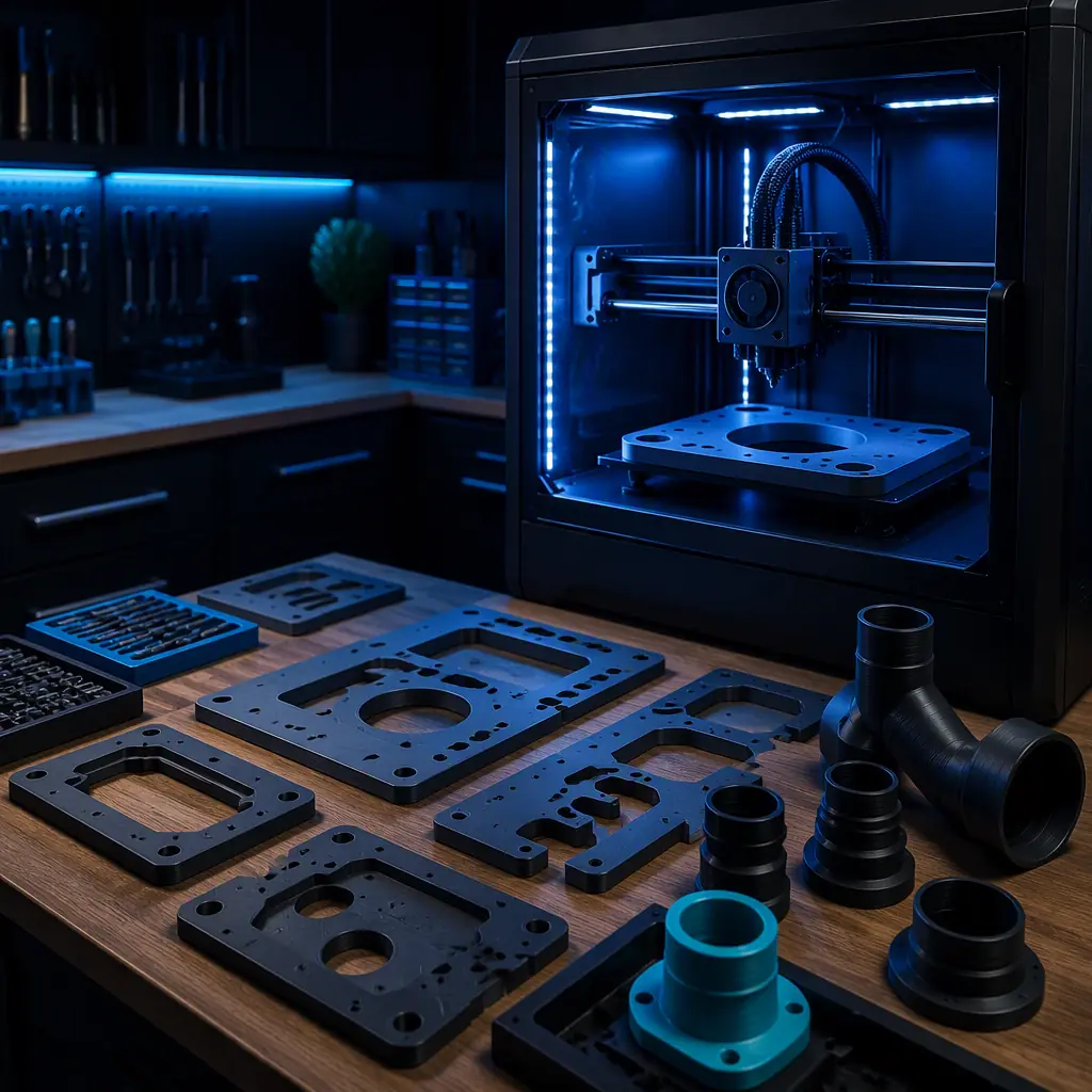 3D printer in a cabinet workshop producing router templates, LED-lit print chamber, finished templates and dust adapters on the workbench, woodworking shop in background, deep navy tones with electric blue accent lighting
