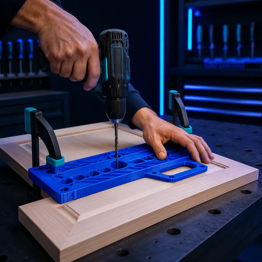 Cabinet maker using a 3D printed drilling template on a cabinet door at a workbench, cordless drill in hand, printed template clamped in place, workshop lighting with cool blue tones