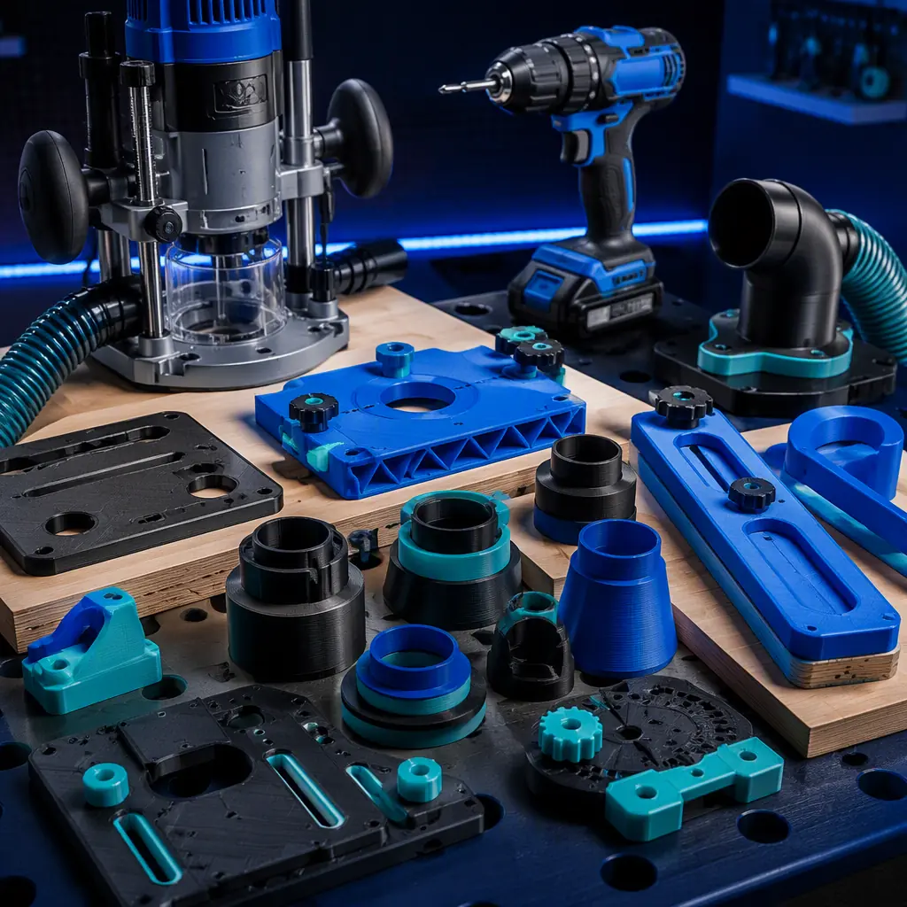 Collection of 3D printed woodworking jigs, templates and dust adapters arranged on a workbench with a router and drill, printed parts with different surface finishes, studio lighting