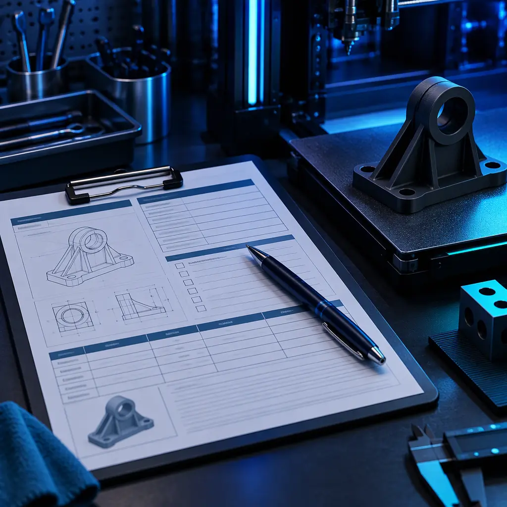 A printed job traveler sheet on a clipboard resting on a 3D printer workbench beside a finished build plate and a pen, blue accent lighting in a dark workshop