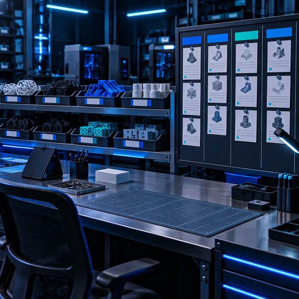 A production operator workstation with a printed scheduling board showing job cards in columns, printed parts in labelled trays behind, blue accent lighting in a dark clean workshop