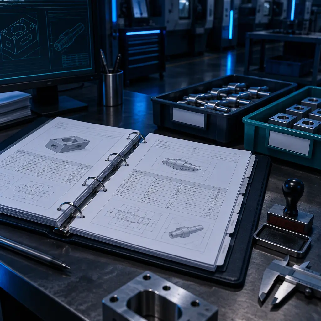 A binder of completed printed job traveler sheets open on a desk beside labelled parts trays and an inspection stamp, blue accent lighting in a dark production office
