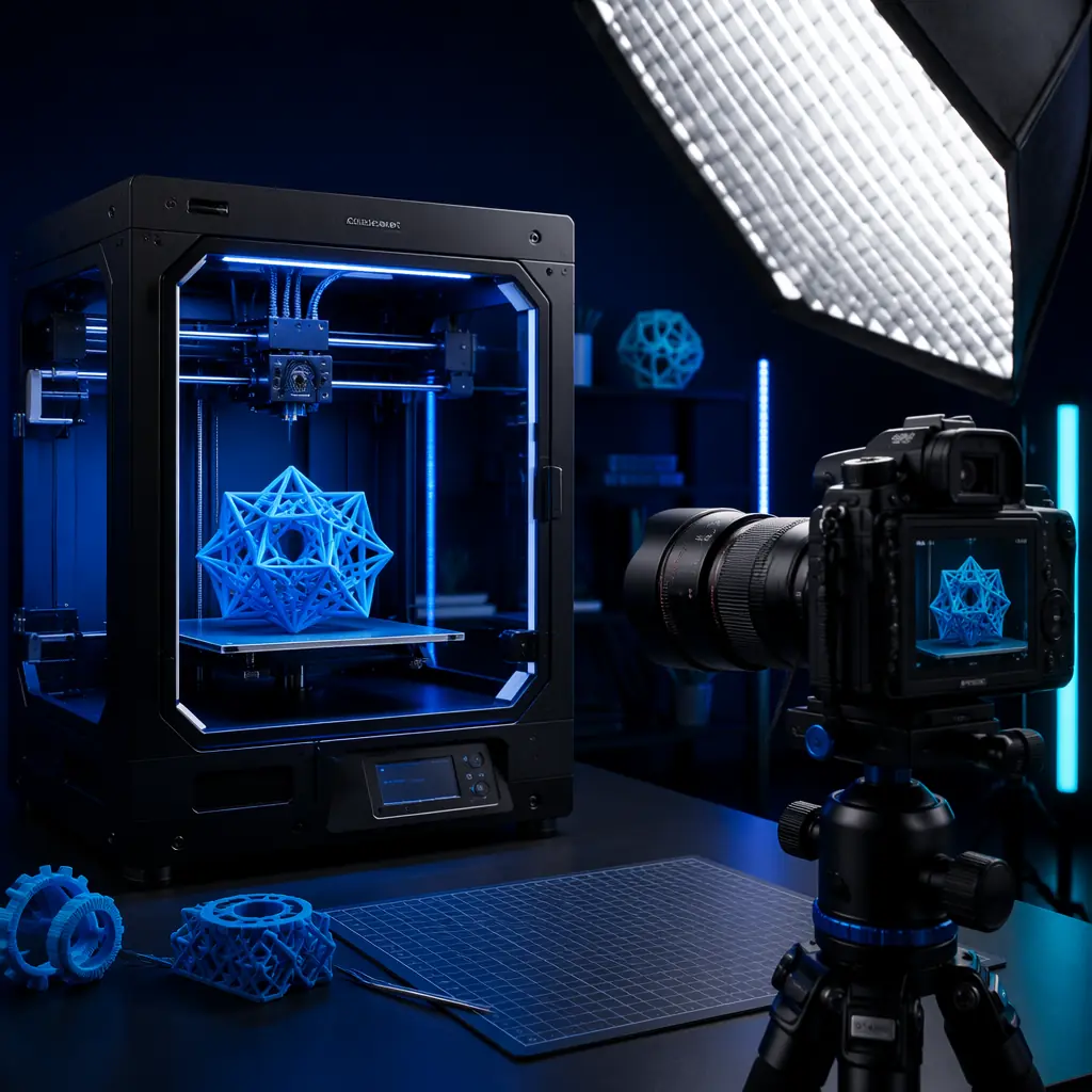 Professional video production setup for 3D printer content: camera on tripod facing operational 3D printer, ring light, monitor showing live preview, clean industrial studio with dark navy background and blue accent lighting