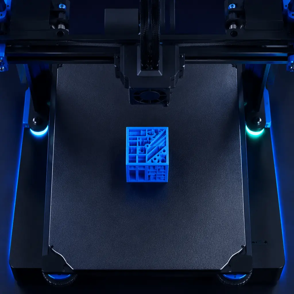 3D printer mid-print with camera positioned for close-up macro shot, finished prototype parts displayed on illuminated product photography table next to the printer, professional content studio with dark backdrop