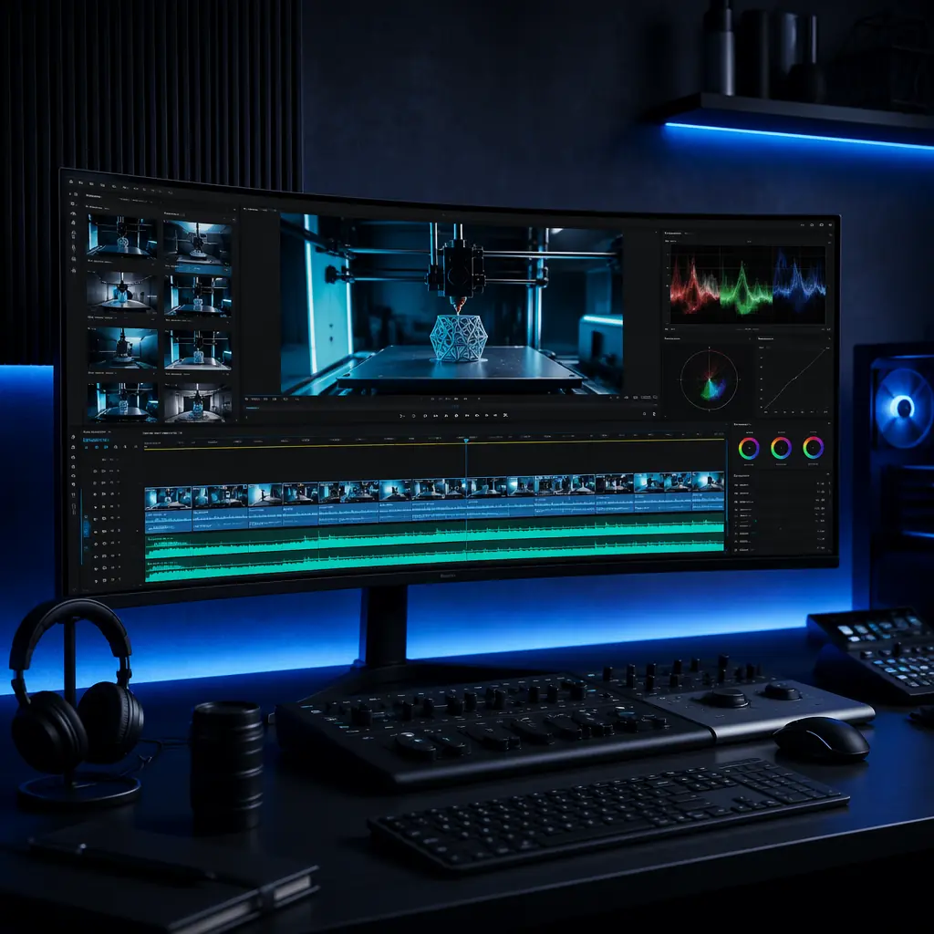 Overhead shot of video editing timeline on ultrawide monitor showing 3D printer footage with color grading, waveform audio track, and thumbnail preview, creative workspace with dark theme matching brand colors
