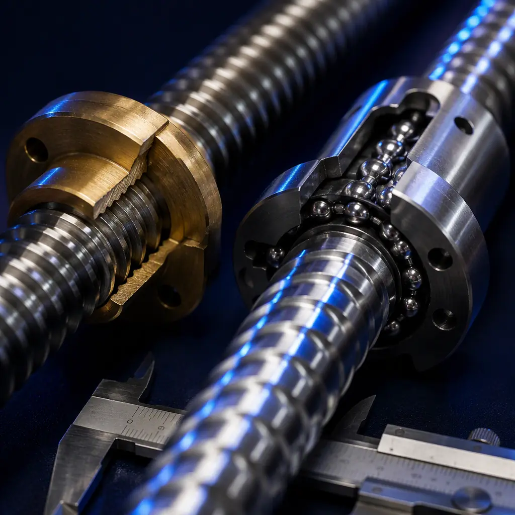 Close-up macro photograph comparing T8 lead screw with brass nut and C5 ball screw with recirculating ball nut, both on dark surface with caliper for scale, engineering studio shot