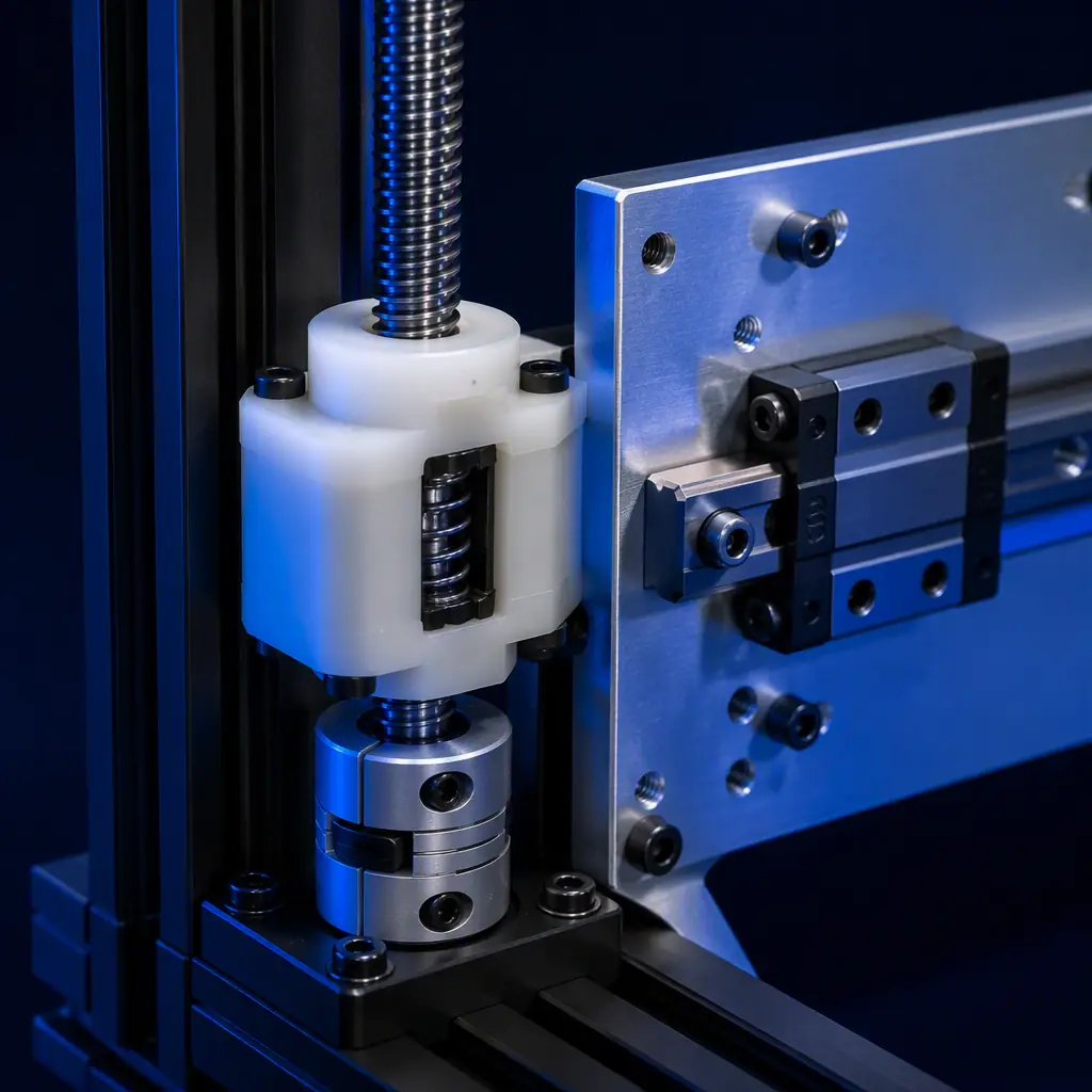 Close-up of 3D printer Z-axis lead screw assembly with anti-backlash nut and Oldham coupler, showing the flexible joint between screw nut and gantry bracket, clean engineering workspace