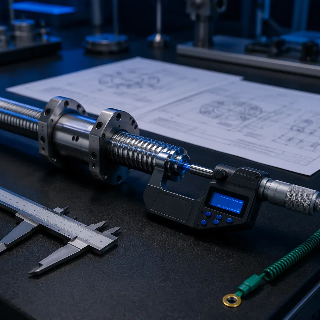 Precision C5 ground ball screw assembly with double nut and wiper seals on anti-static mat, digital micrometer measuring lead accuracy, calipers and engineering drawings in background