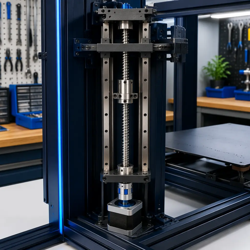 3D printer Z-axis assembly with ball screw conversion installed, precision bearing blocks visible, clean gantry with linear rails parallel to ball screw, workshop setting