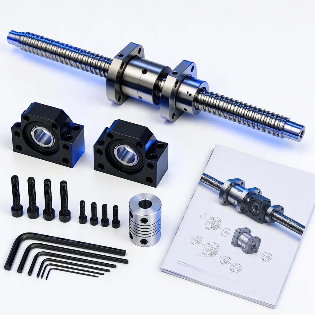 Flat lay of Z-axis upgrade kit: C7 ball screw, double ball nut, bearing blocks, motor coupler, hex keys, and printed installation guide, clean white photography surface