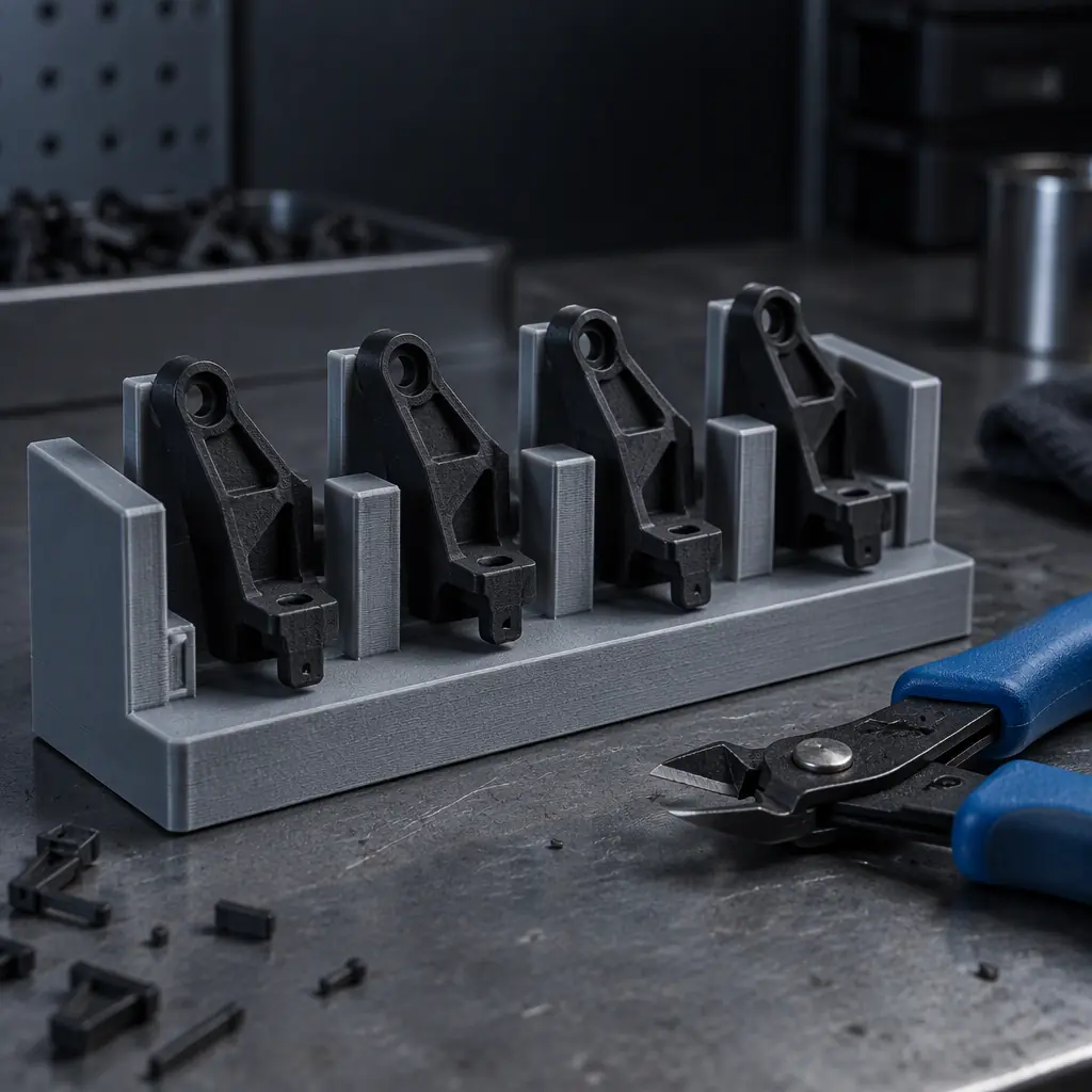 A printed jig holding four small black brackets at once for support removal, flush cutters resting beside it