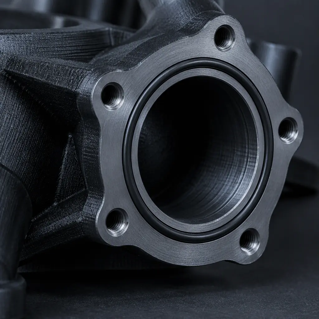 Macro of the machined flat port face of a black printed manifold boss with an O-ring groove and bolt holes, cool blue lighting