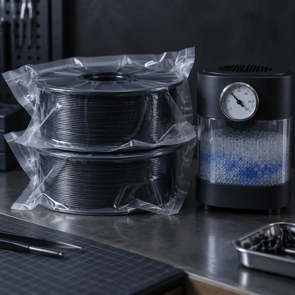 Two vacuum-sealed spools of black carbon-filled filament beside a desiccant dryer and hygrometer on a workshop bench