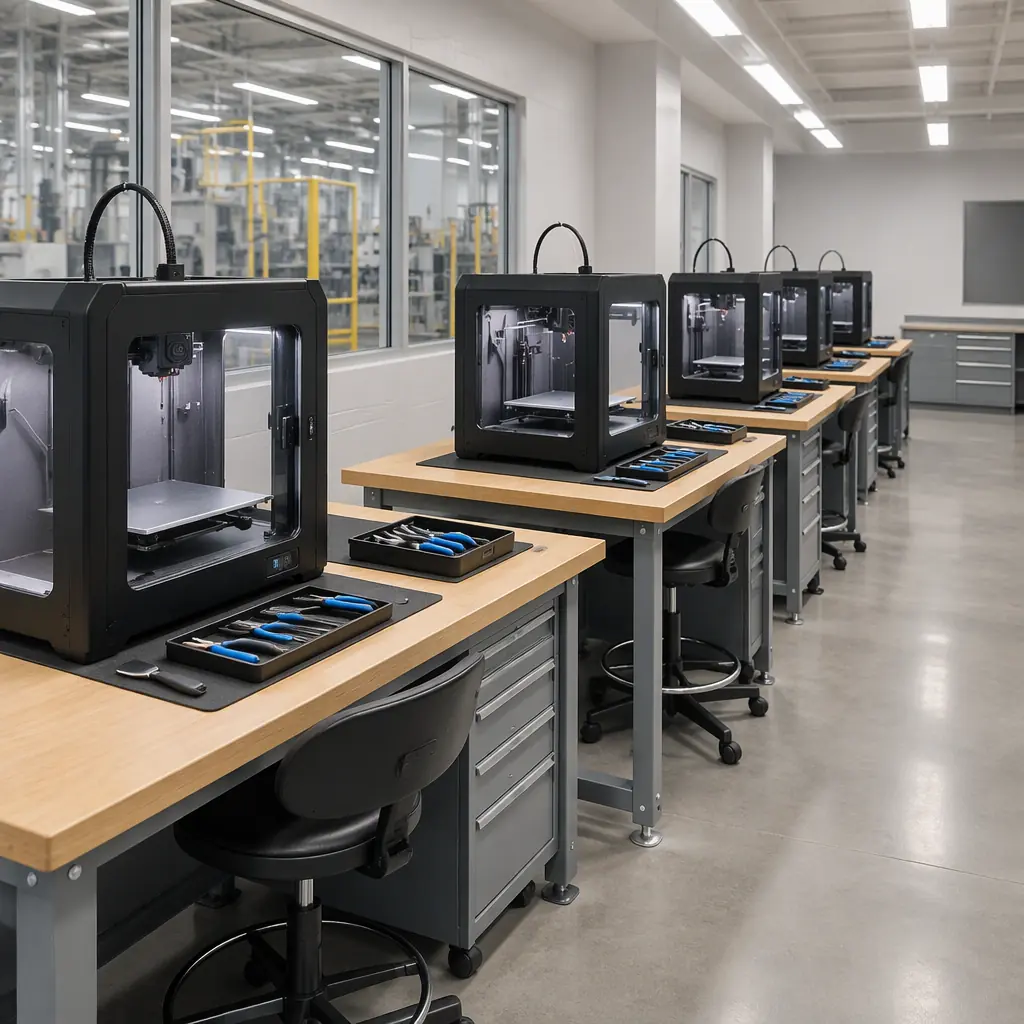 Training room in an industrial facility with a row of identical 3D printers on workbenches, each with a small toolkit, bright overhead lighting, clean and orderly