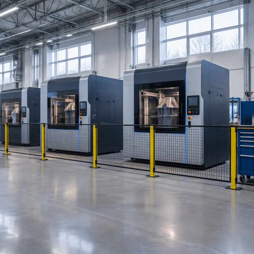 Modern manufacturing service bay with a row of large enclosed 3D printers behind a safety barrier, polished concrete floor, cool grey and blue palette