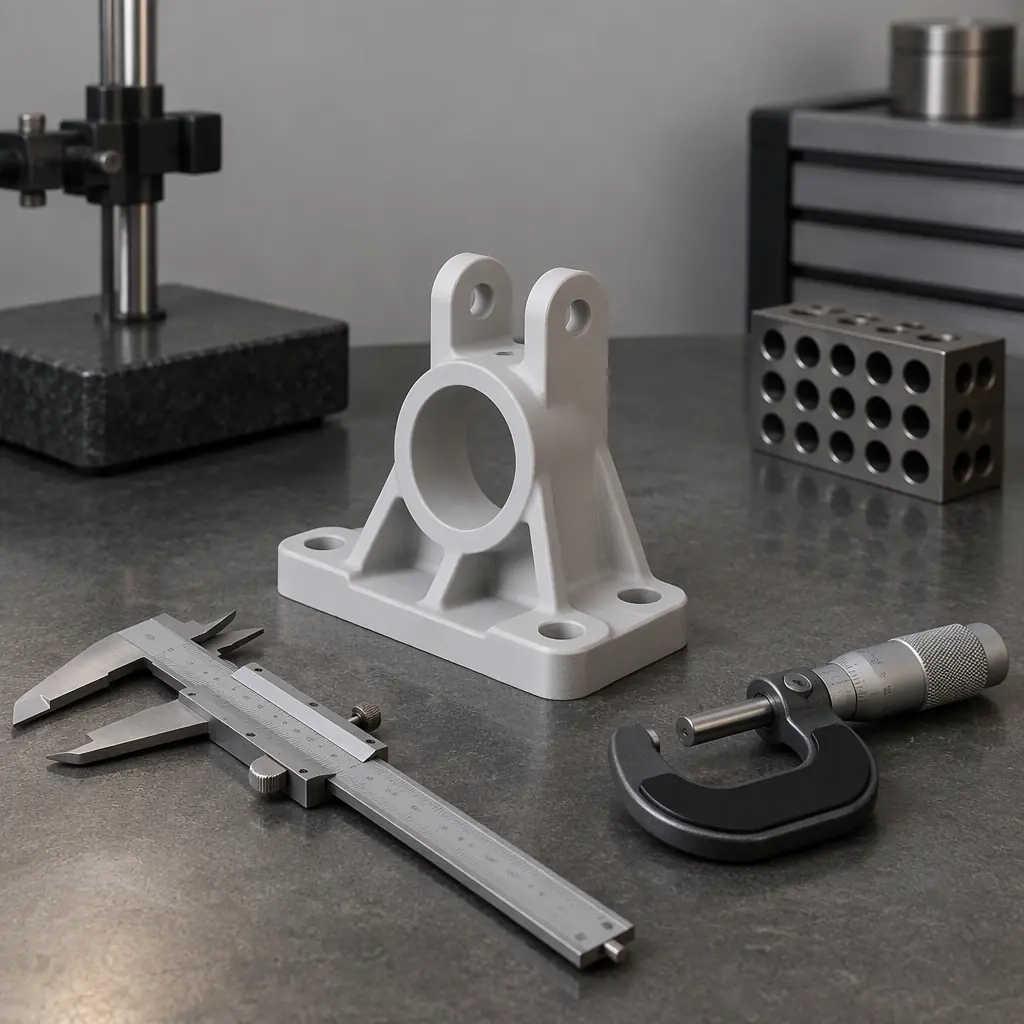 Engineering laboratory bench with calipers, a micrometer and a printed mechanical bracket under inspection, neutral grey background, soft directional light