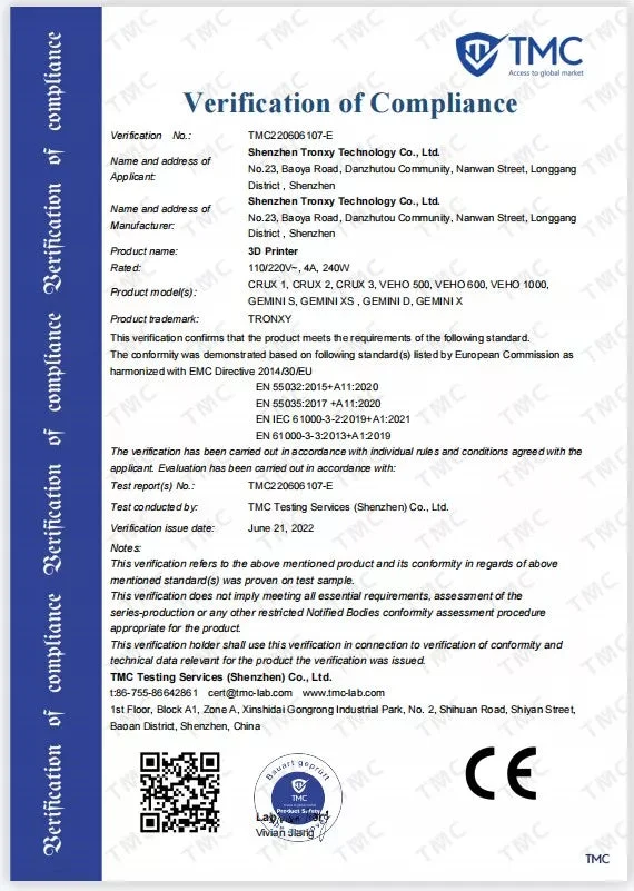 CE (EMC) verification of compliance — report 