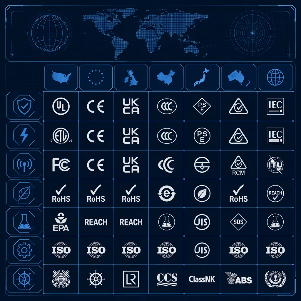 Grid of international certification and compliance symbols organized by region and category