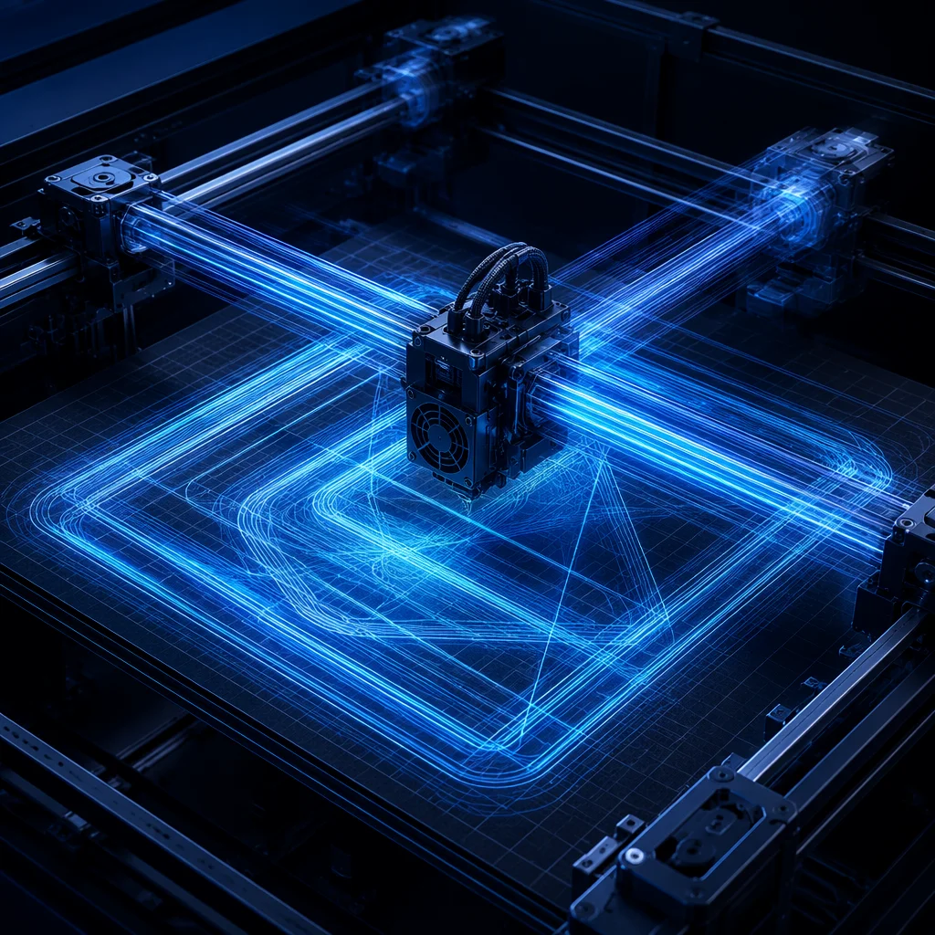 Visualization of high-speed CoreXY motion with light trails showing rapid toolhead movement