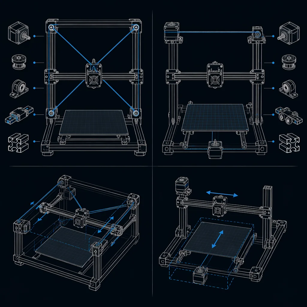 CoreXY vs Bedslinger kinematics comparison — left side shows CoreXY crossed-belt system with stationary bed, right side shows traditional moving-bed design