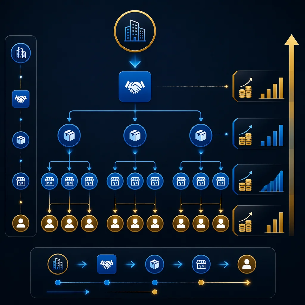 Distribution partnership structure with margin tiers and value flow