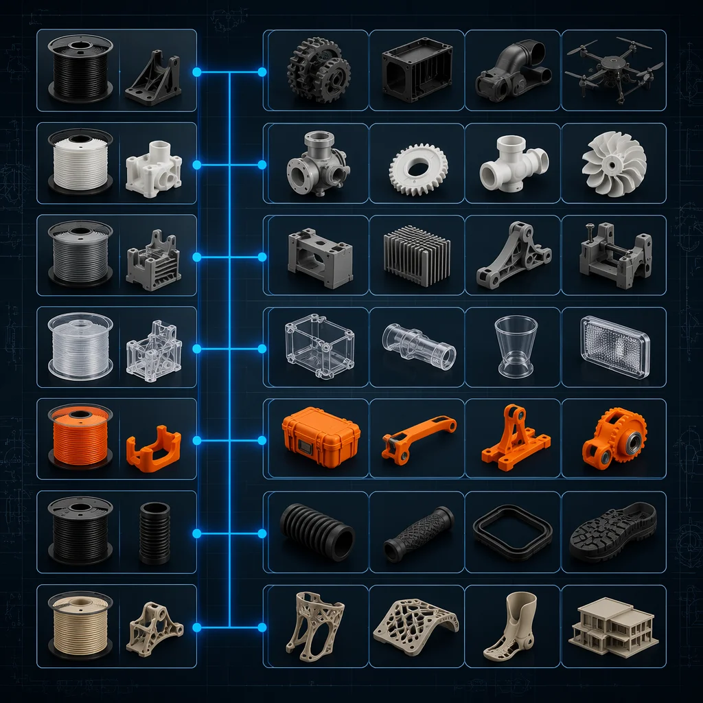 Application matrix mapping 3D printing materials to their industrial applications across multiple sectors