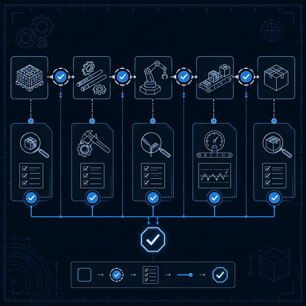 Quality control process flow showing 7 inspection stages from incoming materials to final testing