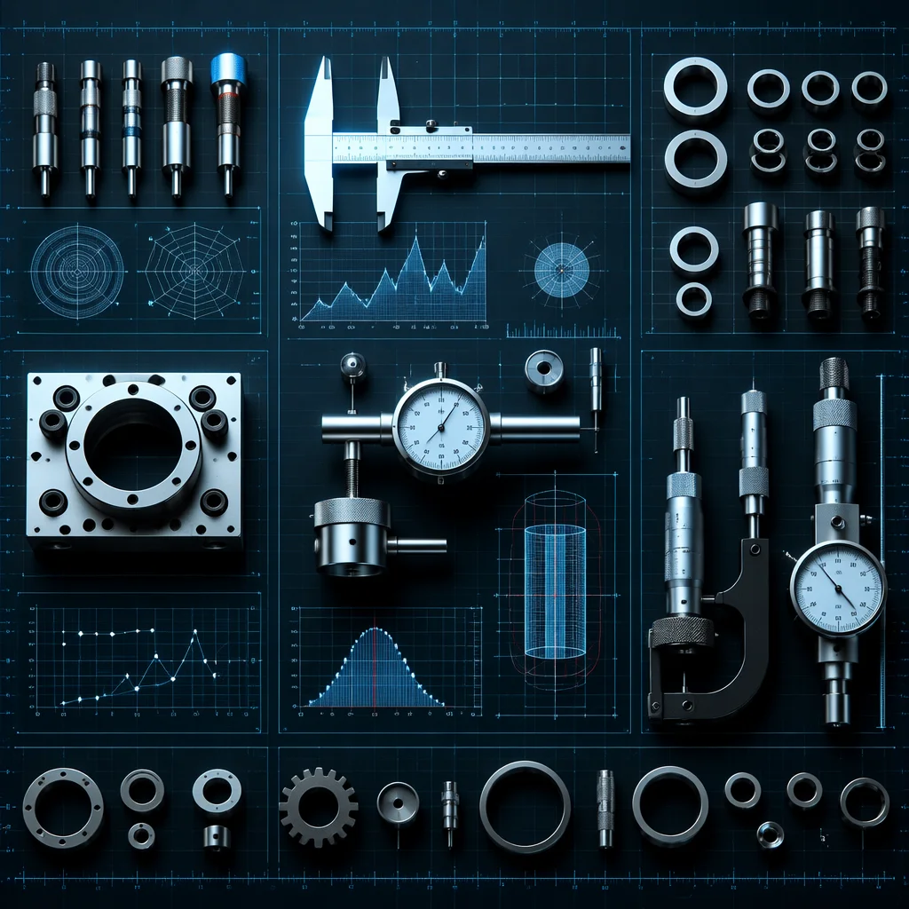 Quality testing standards and measurement criteria with precision instruments and tolerance indicators