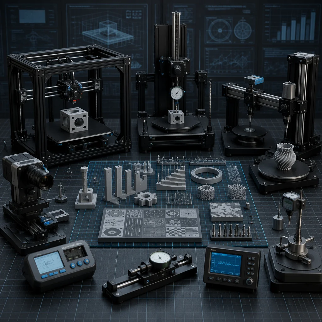 Testing and validation equipment for 3D printer engineering with test rigs and measurement instruments