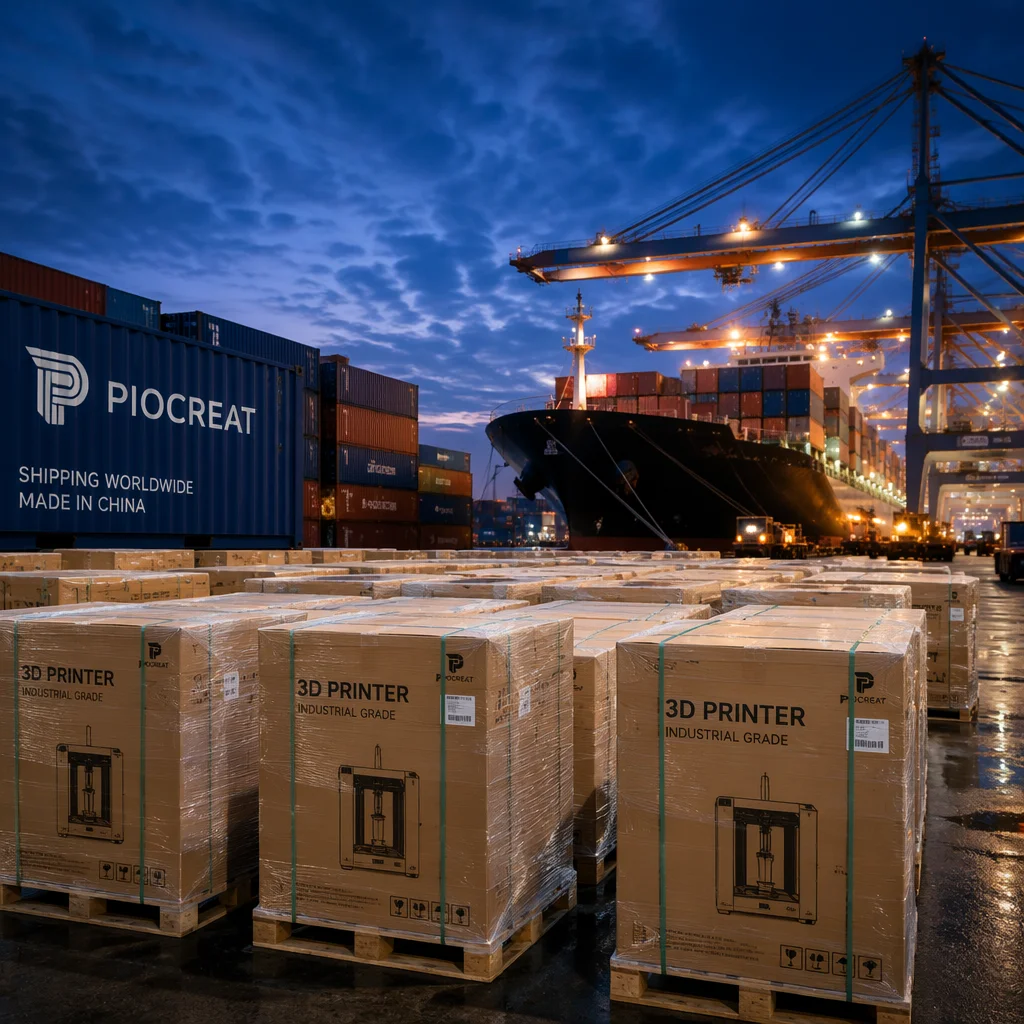 Machines crated at the port, loaded for export